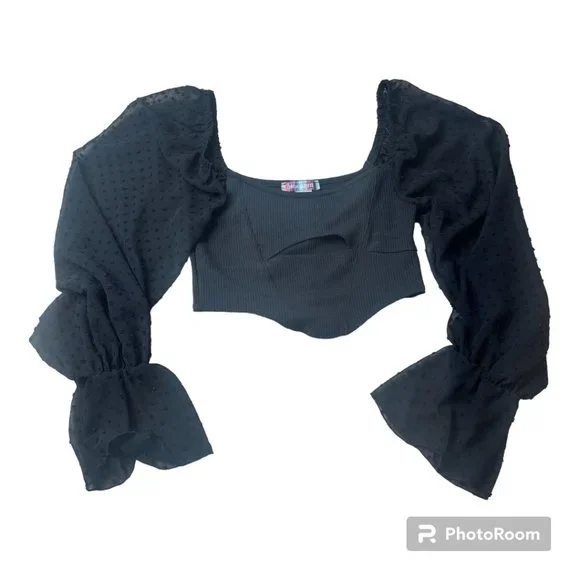 Urban Outfitters cropped long sleeve top w/ sheer dotted sleeves and cutout Sz S - Picture 1 of 6
